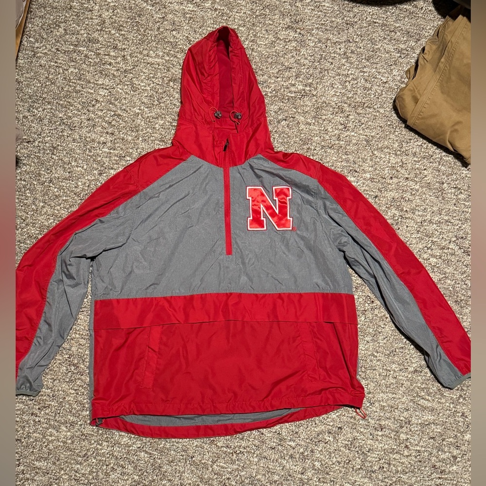 Red and Gray Hooded Nebraska Windbreaker